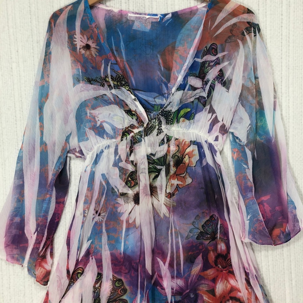 Sheer Butterfly Floral Print V Neck Kimono Cover Up Tunic Top